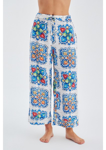 RİA TROUSER Çini Desenli Bol Kesim Yazlık Saten Kadın Pantolon Çok Renkli
