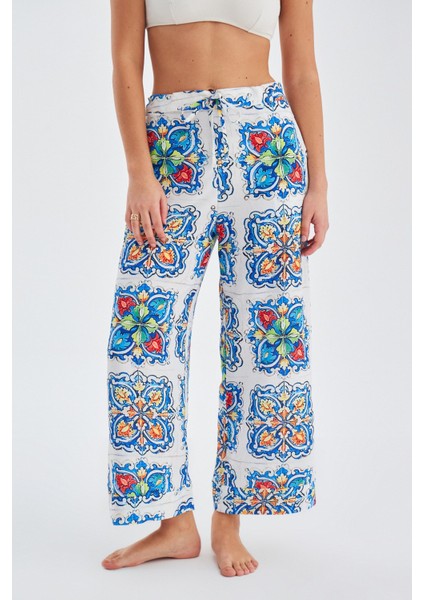 RİA TROUSER Çini Desenli Bol Kesim Yazlık Saten Kadın Pantolon Çok Renkli