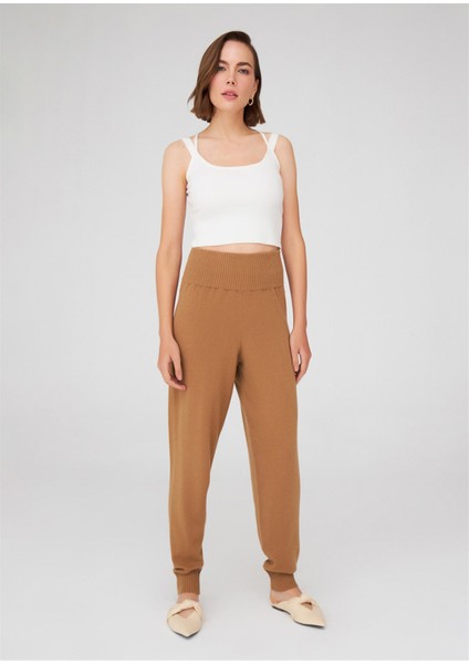 Yüksek Bel Dar Paça Kaşmir Karışım Fit Kadın Triko Pantolon Camel