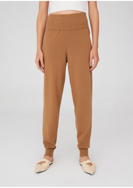 Yüksek Bel Dar Paça Kaşmir Karışım Fit Kadın Triko Pantolon Camel
