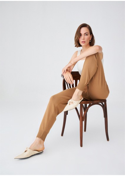 Yüksek Bel Dar Paça Kaşmir Karışım Fit Kadın Triko Pantolon Camel