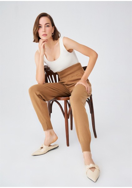 Yüksek Bel Dar Paça Kaşmir Karışım Fit Kadın Triko Pantolon Camel