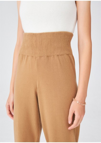 Yüksek Bel Dar Paça Kaşmir Karışım Fit Kadın Triko Pantolon Camel