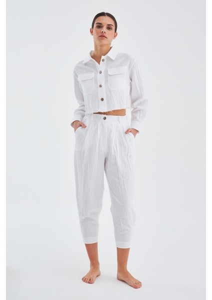 SANDAL TROUSER Bol Kesim Yazlık Muslin Kadın Kısa Pantolon Beyaz