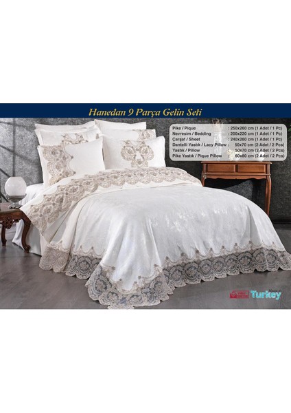 Hanedan 9 Parça Krem Rengi Gelin Seti Pamuklu Pikeli Nevresim Takımı