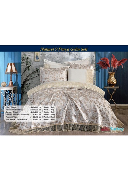 Naturel 9 Parça Krem Rengi Gelin Seti Pamuklu Pikeli Nevresim Takımı