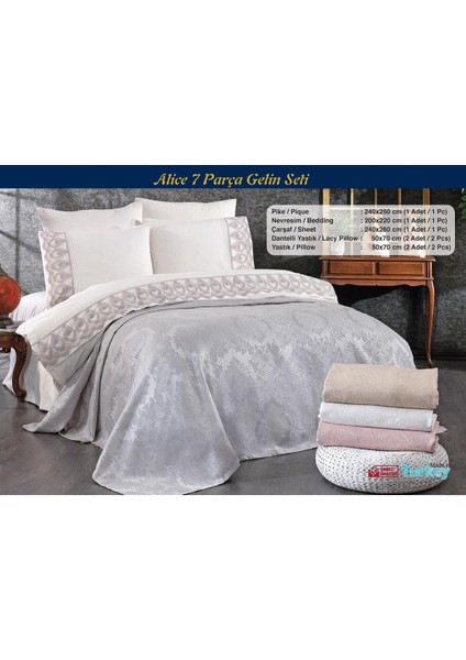 Alice 7 Parça Pudra Renk Gelin Seti Pamuklu Pikeli Nevresim Takımı