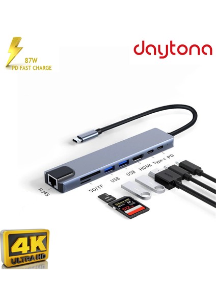 CF04 Macbook Uyumlu Type-C™ To 4K HDMI Tv Projeksiyon UHd 1080P 2* Type-C 2* USB SD/TF RJ45 Ethernet Lan 8ın1 Çevirici Hub Adaptör