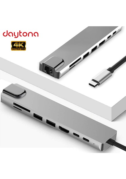 CF04 Macbook Uyumlu Type-C™ To 4K HDMI Tv Projeksiyon UHd 1080P 2* Type-C 2* USB SD/TF RJ45 Ethernet Lan 8ın1 Çevirici Hub Adaptör