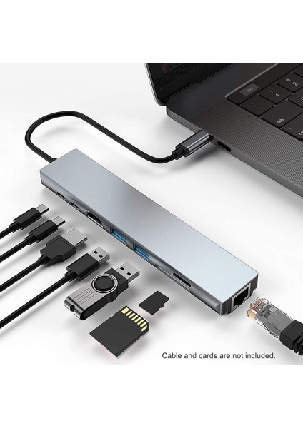 CF04 Macbook Uyumlu Type-C™ To 4K HDMI Tv Projeksiyon UHd 1080P 2* Type-C 2* USB SD/TF RJ45 Ethernet Lan 8ın1 Çevirici Hub Adaptör