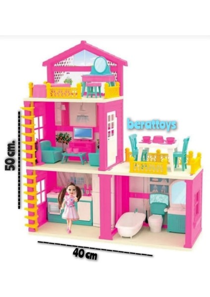 Berattoys 50 cm Oyuncak Ev Seti 3 Katlı Düşler Evi Evcilik Oyunu Bebekli Rüya Evi