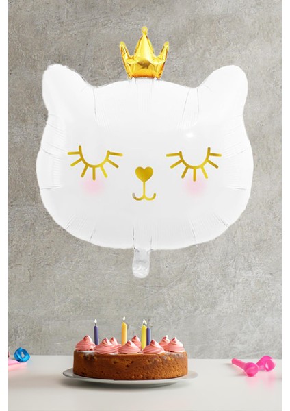 Beyaz Kedi Gold Taçlı Folyo Balon