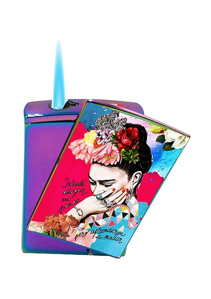 Frida Kahlo Çakmak Baskılı Yandan Kaydırmalı Lüks Gazlı Pembe Çakmak
