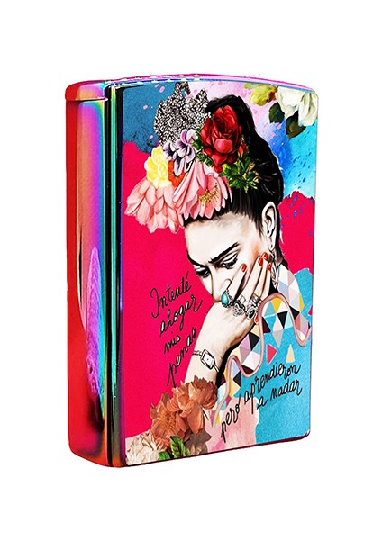 Frida Kahlo Çakmak Baskılı Yandan Kaydırmalı Lüks Gazlı Pembe Çakmak