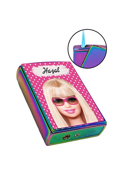 Barbie Baskılı Çakmak Yandan Kaydırmalı Kişiye Özel Isimli Lüks Gazlı Pembe Çakmak