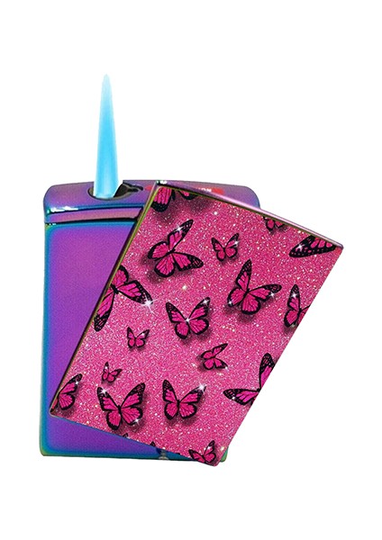 Kelebek Baskılı Çakmak Yandan Kaydırmalı Lüks Gazlı Pembe Çakmak