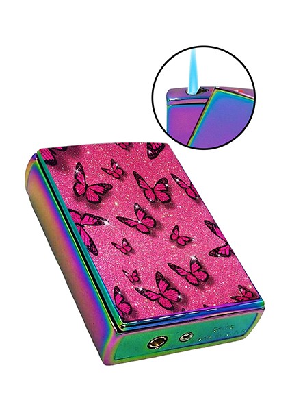 Kelebek Baskılı Çakmak Yandan Kaydırmalı Lüks Gazlı Pembe Çakmak