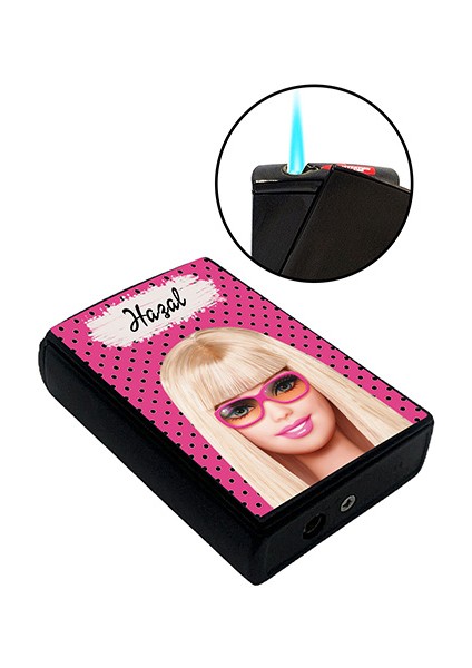 Barbie Baskılı Çakmak Yandan Kaydırmalı Kişiye Özel Isimli Lüks Gazlı Siyah Çakmak Aslan