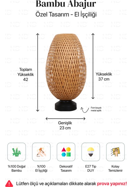 Boja Bambu Abajur, Masa Lambası 23x37x42 cm İskandinav, Modern, Bohem, Rattan, Aydınlatma