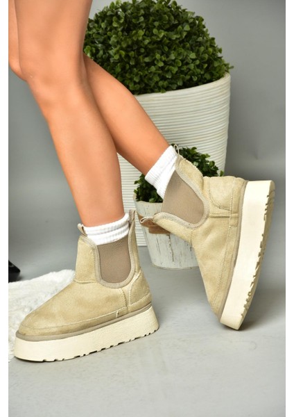 R612055302 Bej/bej Süet Içi Tüylü Kalın Tabanlı Yarım Kadın Bot