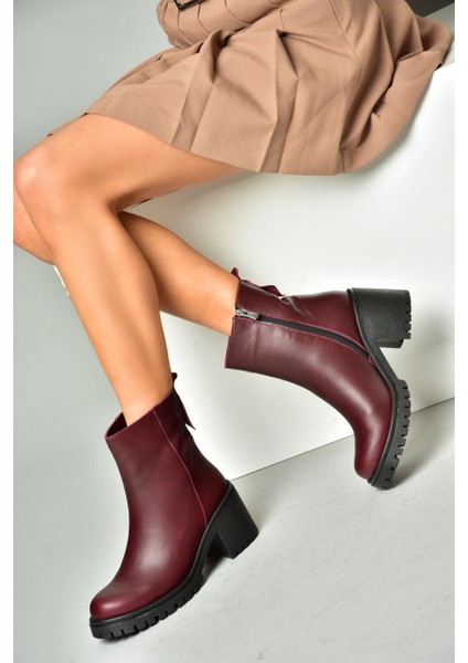 R654006503 Bordo Deri Kalın Topuklu Kadın Bot modelleri