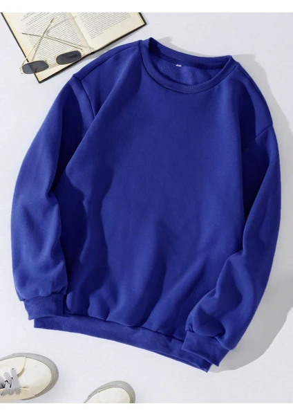 Kadın Oversize Bisiklet Yaka Basic Düz Sweatshirt