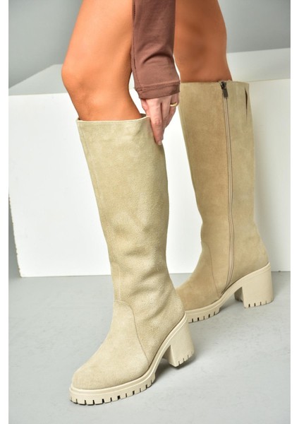 R654047702 Bej Deri Süet Kalın Topuklu Kadın Çizme
