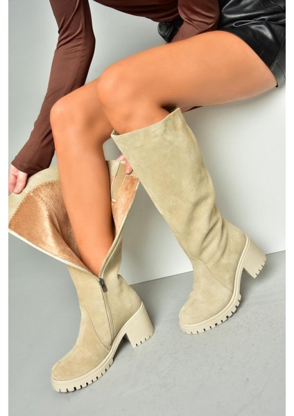 R654047702 Bej Deri Süet Kalın Topuklu Kadın Çizme modelleri