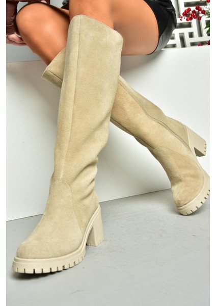 R654047702 Bej Deri Süet Kalın Topuklu Kadın Çizme indirimleri