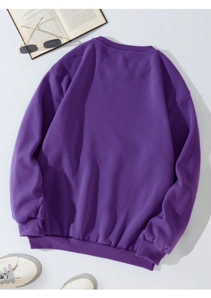 Kadın Oversize Bisiklet Yaka Basic Düz Sweatshirt