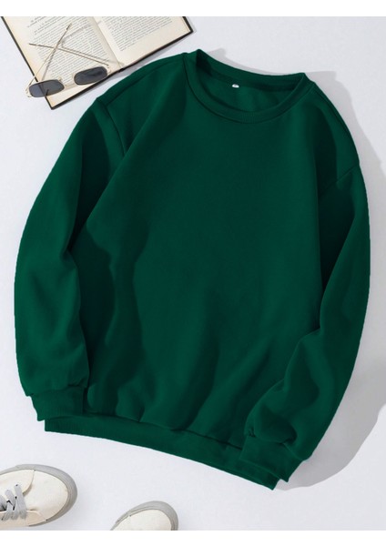 Kadın Oversize Bisiklet Yaka Basic Düz Sweatshirt