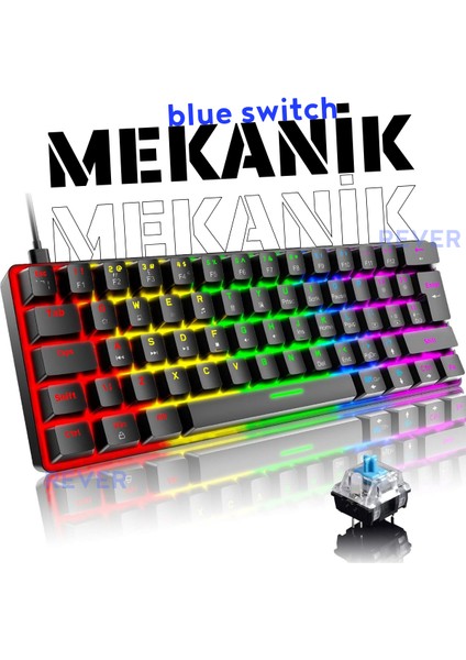 Blue Switch Mekanik Mini 62 Tuşlu 19 Mod LED Işıklı Gaming Oyuncu Klavyesi Klavye T60 Blic