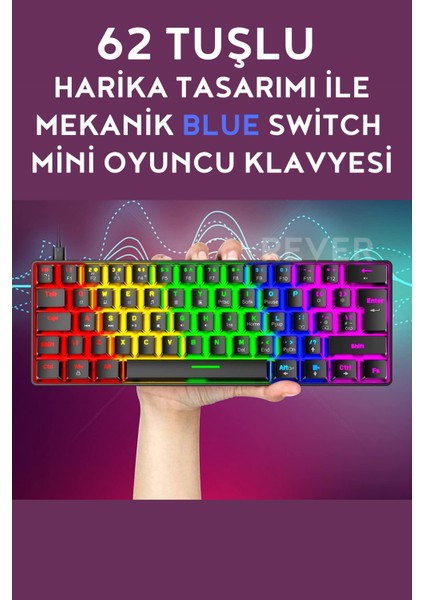 Blue Switch Mekanik Mini 62 Tuşlu 19 Mod LED Işıklı Gaming Oyuncu Klavyesi Klavye T60 Blic