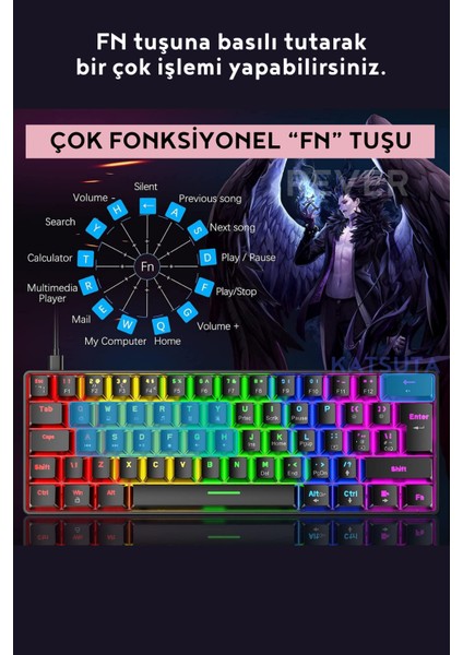 Blue Switch Mekanik Mini 62 Tuşlu 19 Mod LED Işıklı Gaming Oyuncu Klavyesi Klavye T60 Blic