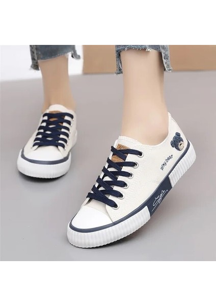 Ilkbahar Yaz Moda Ayı Kadınlar Kanvas Ayakkabılar Yüksek Top Kanvas Ayakkabılar Dantel Up Gündelik Ayakkabı Kadın Kapalı Beyaz Ayakkabı Sneakers (Yurt Dışından)