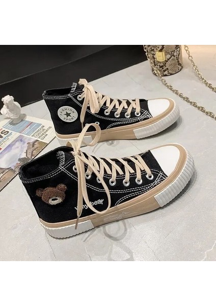 Ilkbahar Yaz Moda Ayı Kadınlar Kanvas Ayakkabılar Yüksek Top Kanvas Ayakkabılar Dantel Up Gündelik Ayakkabı Kadın Kapalı Beyaz Ayakkabı Sneakers (Yurt Dışından)