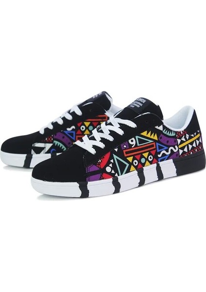 Yeni Erkek Sneakers Rahat Ayakkabılar Moda Dantel-Up Baskı Vulkanize Ayakkabı Nefes Tuval Graffiti Düz Ayakkabı Zapatos De Hombre (Yurt Dışından)