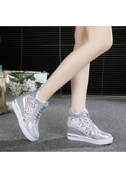 Kad In Kama Platformu Sneakers Kau Çuk Brogue Deri Yüksek Topuklu Bağcıkl I Ayakkabı Sivri Burun Yüksekliği Artan Sürüngen Beyaz Gümüş (Yurt Dışından)