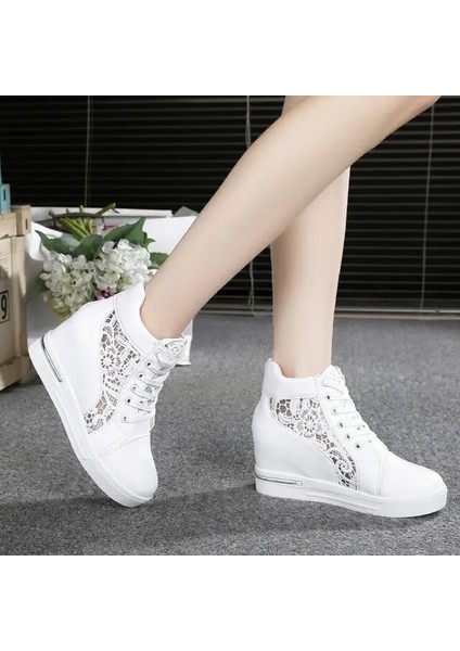 Kad In Kama Platformu Sneakers Kau Çuk Brogue Deri Yüksek Topuklu Bağcıkl I Ayakkabı Sivri Burun Yüksekliği Artan Sürüngen Beyaz Gümüş (Yurt Dışından)