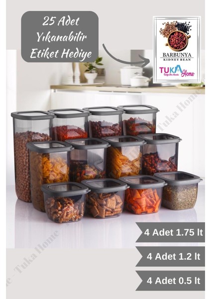 12'li Set Etiketli, Kırılmaz Kare Erzak Saklama Kabı Antrasit 4x 1.75LT- 1.2lt-0.5lt