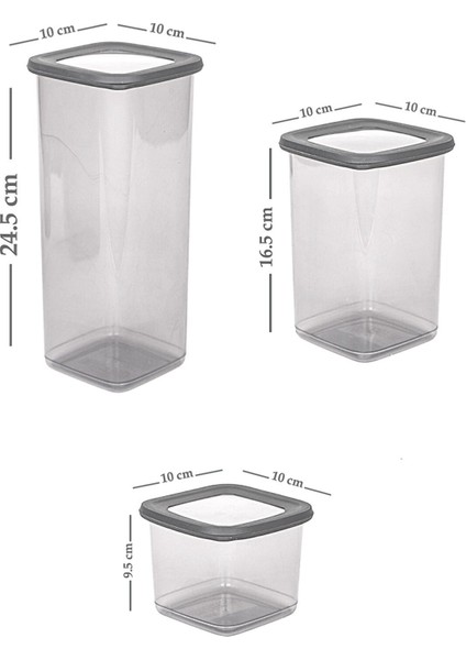 12'li Set Etiketli, Kırılmaz Kare Erzak Saklama Kabı Antrasit 4x 1.75LT- 1.2lt-0.5lt