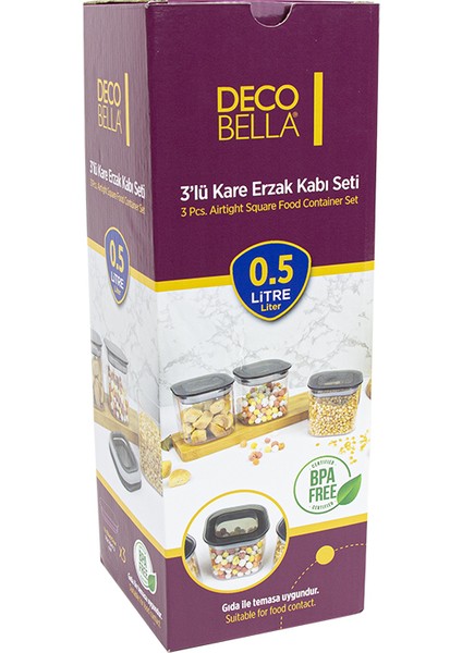 3 'lü 0.5 Lt. Kare Erzak Kabı Seti