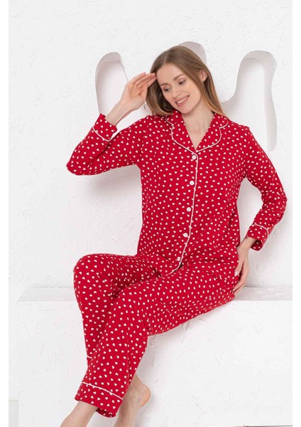 Kadın Kırmızı Kalpli Önden Düğmeli Gömlek Yaka Uzun Kol Mevsimlik Pamuk Likra Cepli Pijama Takımı modelleri