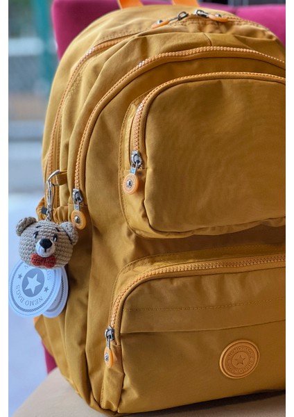 Koyu Sarı Orta Boy Okul Çantası Laptop ve Seyahat Sırt Çantası Su Geçirmez Ayıcık Anahtarlık Hediyeli