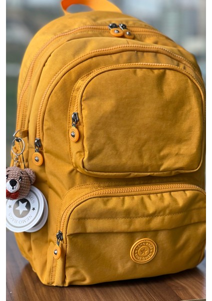 Koyu Sarı Orta Boy Okul Çantası Laptop ve Seyahat Sırt Çantası Su Geçirmez Ayıcık Anahtarlık Hediyeli fiyatları