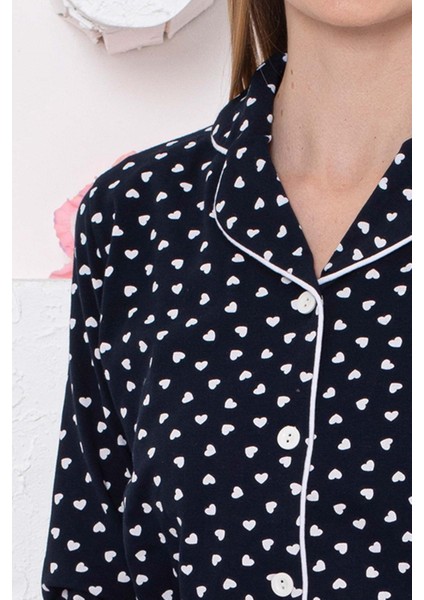 Kadın Lacivert Kalpli Önden Düğmeli Gömlek Yaka Uzun Kol Mevsimlik Pamuk Likra Cepli Pijama Takımı fiyatları