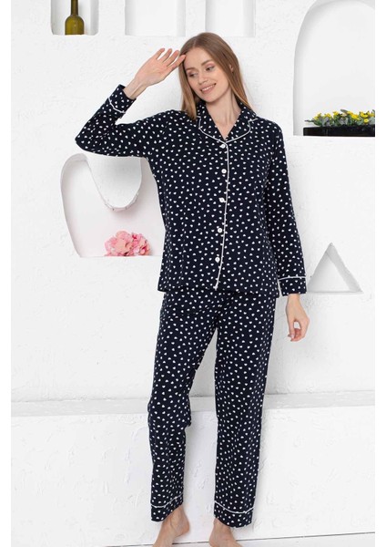 Kadın Lacivert Kalpli Önden Düğmeli Gömlek Yaka Uzun Kol Mevsimlik Pamuk Likra Cepli Pijama Takımı fırsatları
