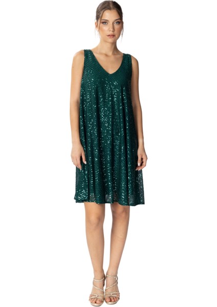 Jasmin | Payetli Kalın Askılı Dizüstü Hamile Abiye Elbise Sırt Dekolteli - Zümrüt Yeşili