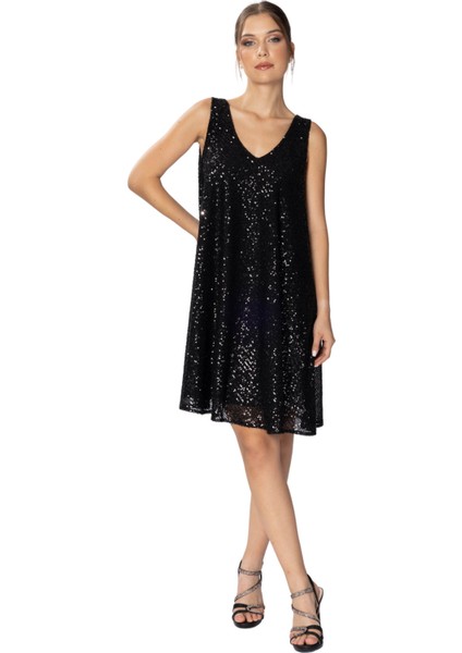 Jasmin | Payetli Kalın Askılı Dizüstü Hamile Abiye Elbise Sırt Dekolteli - Siyah