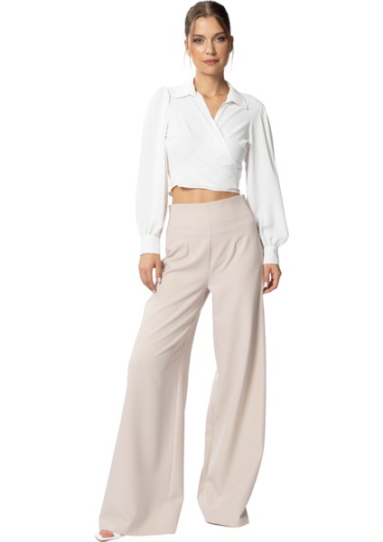 Audrey | Dantel Garnili Toparlayıcı Yüksek Bel Palazzo Pantolon - Bej